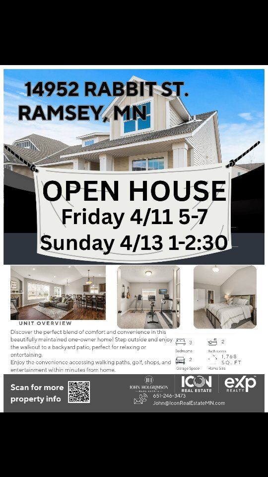 📣 2 OPEN HOUSE OPPORTUNITIES!

Make sure to check out the new listing in Ramsey. 

It checks all the boxes:
✅ 3 🛏️ 
✅ 2 🛁 
✅ 2 🚗 
✅ Almost 1,800 Sq. Ft. 

Only thing missing is 🫵

So come see this BEAUTIFUL property before some ✅ the ownership box before you do!

#openhouse #mnhomebuyer #showings #openconcept #quietneighborhood #ramsey #ramseyrealestate #eXprealty #iconrealestatemn #johnholgrimsonrealestate